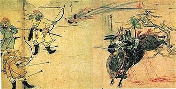 Foto Pasukan Samurai Suenaga menghadapi serangan panah dan bom 
Mongol. Karya Moko Shurai Ekotoba, ca. 1293